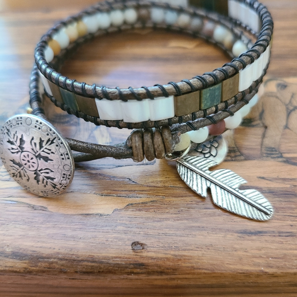 Aventurine Double Wrap Leather Beaded Bracelet